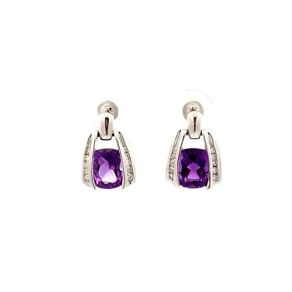 14K White Gold Cushion Amethyst Channel Set Round Brilliant Cut Diamond Door Knocker Earrings Classic Creations In Diamonds & Gold Venice, FL