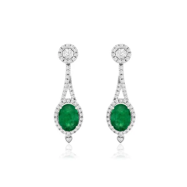 14K White Gold Oval Colombia Emerald & Diamonds Halo Door Knocker Earrings Classic Creations In Diamonds & Gold Venice, FL