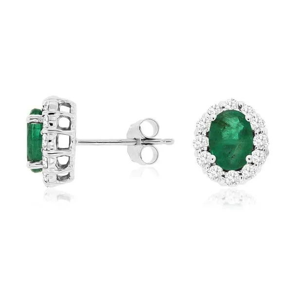 14K White Gold Oval Emerald & Diamonds Halo Stud Earrings Classic Creations In Diamonds & Gold Venice, FL