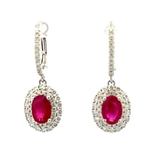 14K White Gold Oval Faceted Ruby & Double Diamond Halo Omega Back Dangle Earrings Classic Creations In Diamonds & Gold Venice, FL