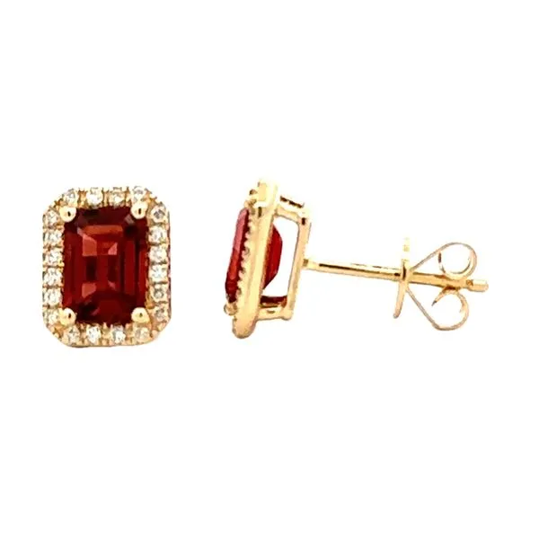 14K Yellow Gold Emerald Cut Garnet & Diamond Halo Stud Earrings Classic Creations In Diamonds & Gold Venice, FL