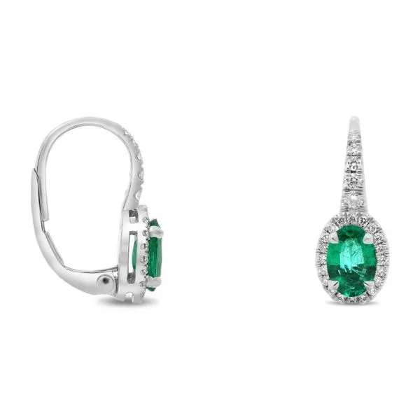 18K White Gold Oval Colombian Emerald & Diamond Halo Lever Back Earrings Classic Creations In Diamonds & Gold Venice, FL