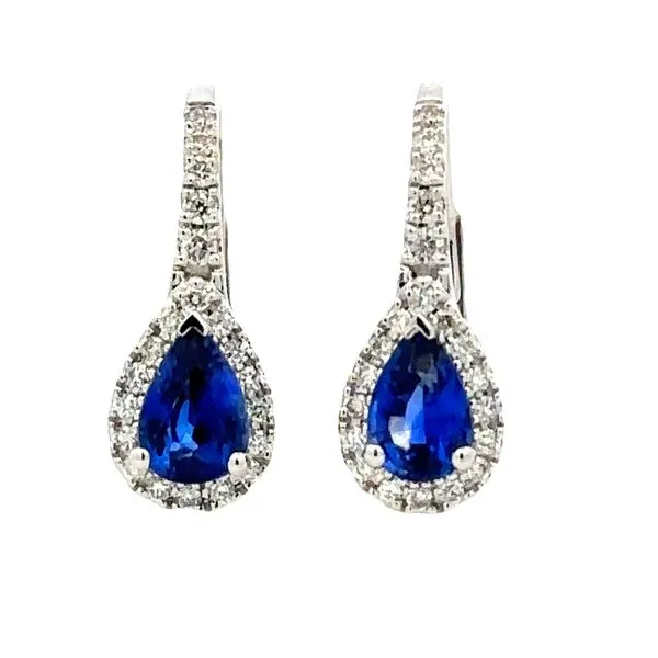 18K White Gold Pear Shaped Sapphire & Diamond Halo Lever Back Earrings Classic Creations In Diamonds & Gold Venice, FL