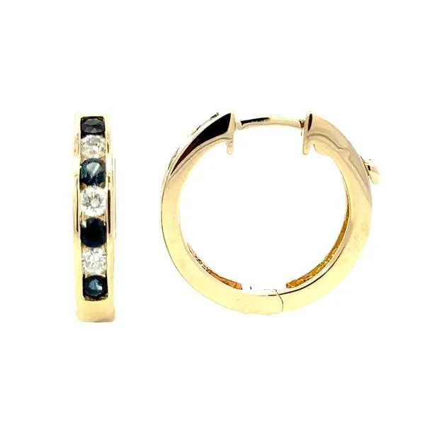 14K Yellow Gold Channel Set Sapphire & Diamond Hinged Hoops With Locking Back Earrings Classic Creations In Diamonds & Gold Venice, FL