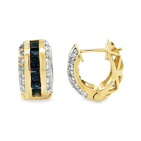 14K Yellow Gold Sapphire & Diamond Hinged Huggie Earrings Classic Creations In Diamonds & Gold Venice, FL