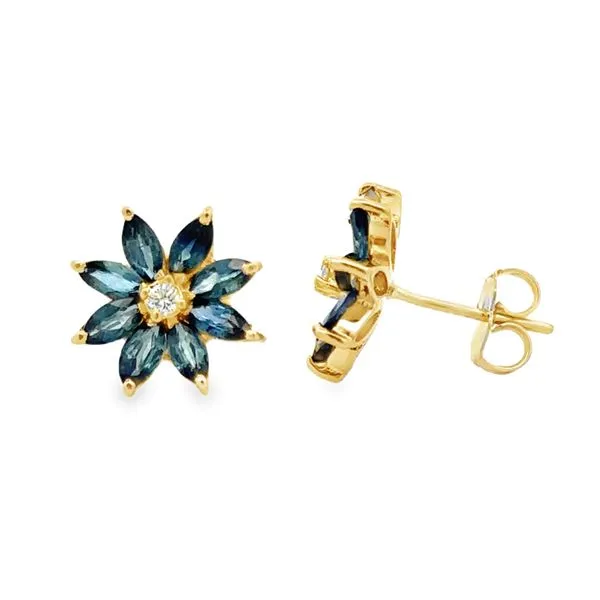 14K Yellow Gold Sapphire & Diamond Flower Cluster Stud Earrings Classic Creations In Diamonds & Gold Venice, FL