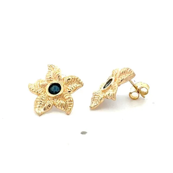 14K Yellow Gold Plumeria Flower Bezel Set Sapphire Stud Earrings Classic Creations In Diamonds & Gold Venice, FL