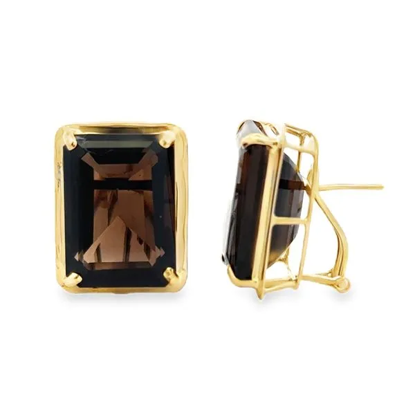14K Yellow Gold Smokey Quartz Emerald Cut Omega Back Earrings Classic Creations In Diamonds & Gold Venice, FL