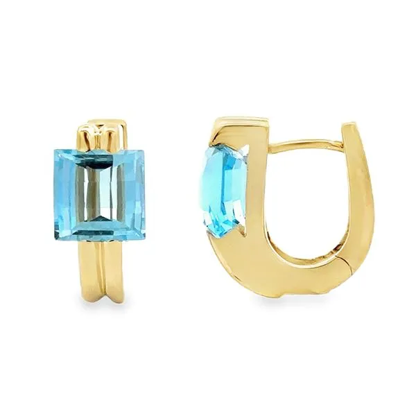 14K Yellow Gold Swiss Blue Topaz Princess Cut Hinged Hoop Earrings Classic Creations In Diamonds & Gold Venice, FL