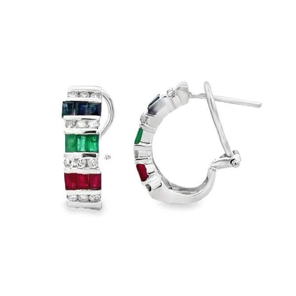 14K White Gold Ruby, Emerald, Sapphire And Diamond Omega Back Earrings Classic Creations In Diamonds & Gold Venice, FL