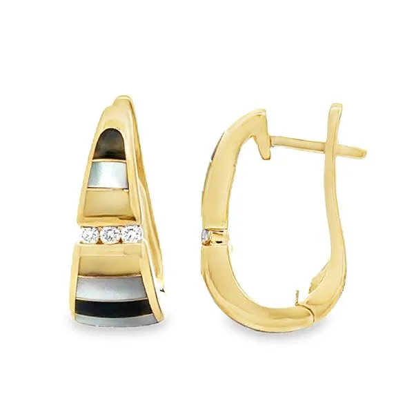 14K Yellow Gold Inlaid Black Onyx Mother-Of-Pearl And Channel Set Diamond Huggie Earrings Classic Creations In Diamonds & Gold Venice, FL