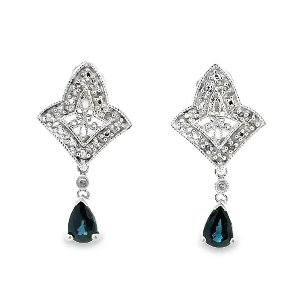 14K White Gold Dangling Pear Shaped Sapphire & Filigree Diamond Earrings Classic Creations In Diamonds & Gold Venice, FL