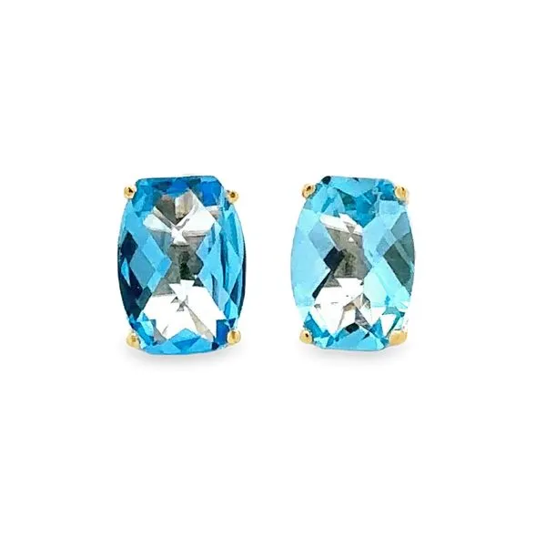 14K Yellow Gold Cushion Checkerboard Cut Swiss Blue Topaz Stud Basket Setting Earrings Classic Creations In Diamonds & Gold Venice, FL