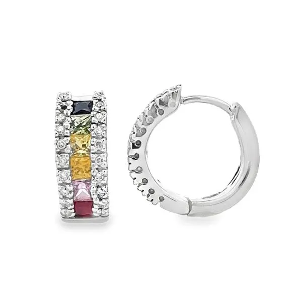 Rainbow Sapphire, Ruby & Diamond Huggie Earrings Image 2 Classic Creations In Diamonds & Gold Venice, FL