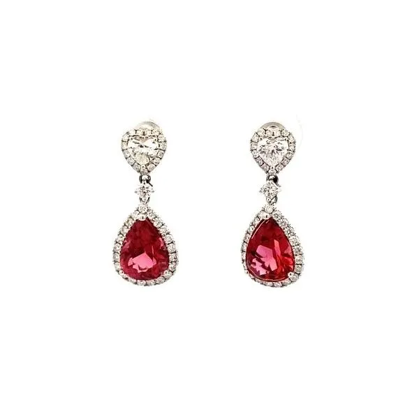 14K White Gold 3.0ct. Pear Shaped Pink Tourmaline Heart Shaped And Round Brilliant Cut Diamond Halo Dangle Earrings Classic Creations In Diamonds & Gold Venice, FL