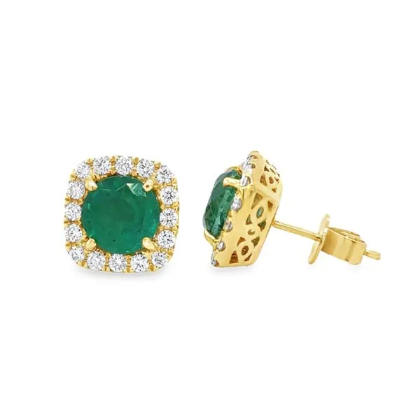 18K Yellow Gold GIA 3.0ct. Emerald And Diamond Halo Stud Earrings Image 2 Classic Creations In Diamonds & Gold Venice, FL