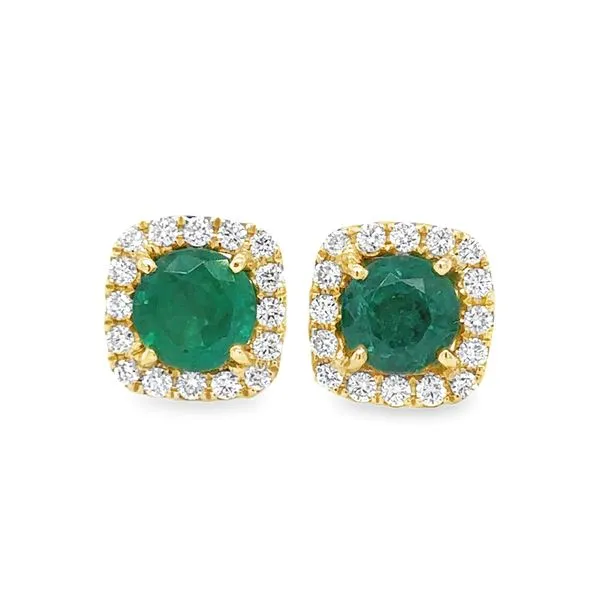 18K Yellow Gold GIA 3.0ct. Emerald And Diamond Halo Stud Earrings Classic Creations In Diamonds & Gold Venice, FL