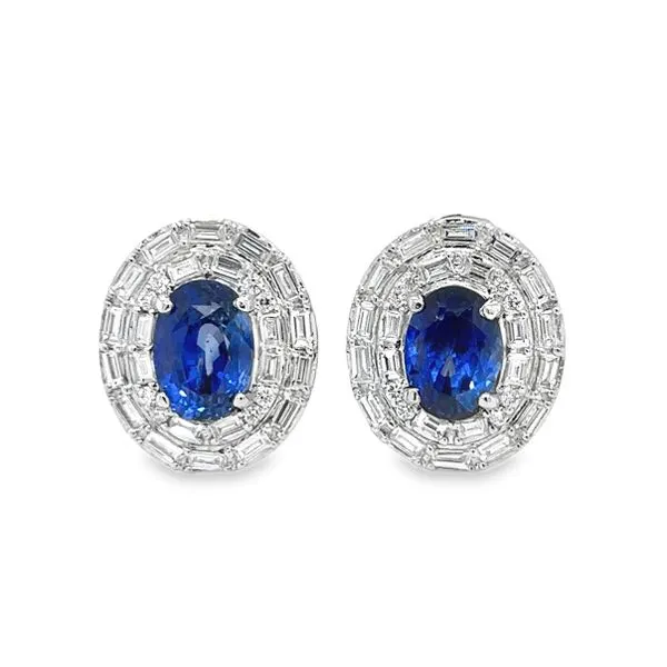 14K White Gold GIA 4.0ct. Oval Sapphire And Baguette Diamond Double Halo Stud Earrings Classic Creations In Diamonds & Gold Venice, FL