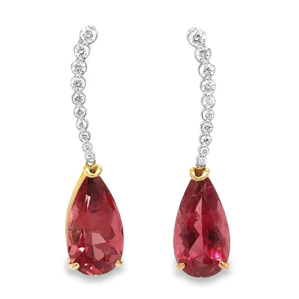 18K White And Yellow Gold Pear Shaped Rose 10.85ct. Tourmaline And Diamond Dangle Earrings Classic Creations In Diamonds & Gold Venice, FL