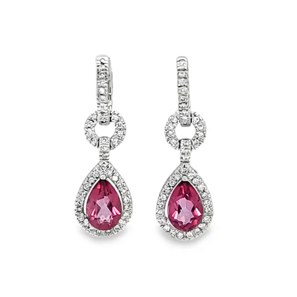14K White Gold Pink Topaz Pear and Diamond Halo Dangle Earrings – 3.14ct Pink Topaz, 0.56ct Diamond TW Classic Creations In Diamonds & Gold Venice, FL