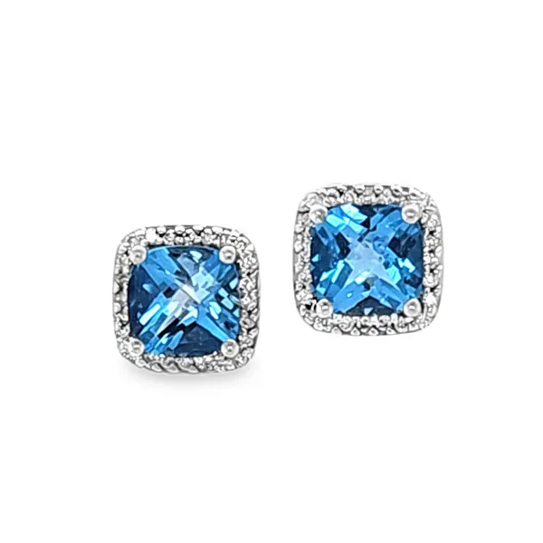 14K White Gold Swiss Blue Topaz Check Top and Diamond Halo Stud Earrings – 11mm, 0.68ct Diamond TW Classic Creations In Diamonds & Gold Venice, FL