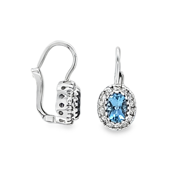 14K White Gold Aquamarine and Diamond Halo Lever Back Earrings – 1.50ct Aquamarine, 0.42ct Diamond TW Classic Creations In Diamonds & Gold Venice, FL