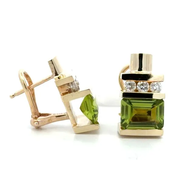 14K Yellow Gold Emerald-Cut Peridot & Diamond Channel-Set Omega Back Earrings – 0.24ct Diamonds, 5.09 DWT | Luxury August Birthstone Jewelry Image 2 Classic Creations In Diamonds & Gold Venice, FL