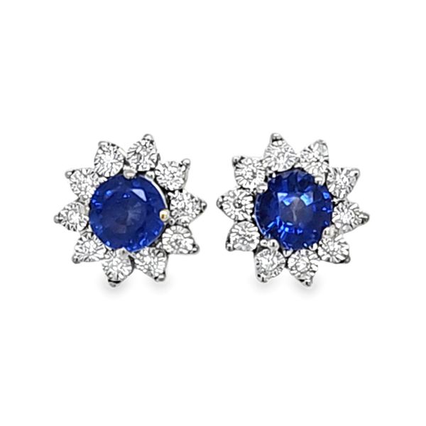 14K Yellow Gold Sapphire and Diamond Halo Cluster Stud Earrings | 0.72 CTW | 1.46 DWT Classic Creations In Diamonds & Gold Venice, FL