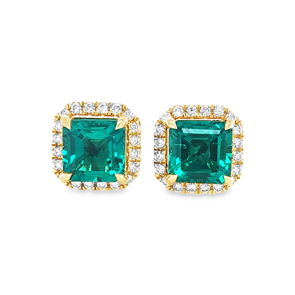 Lab Grown 14K Yellow Gold Asscher Emerald Diamond Halo Stud Earrings Classic Creations In Diamonds & Gold Venice, FL