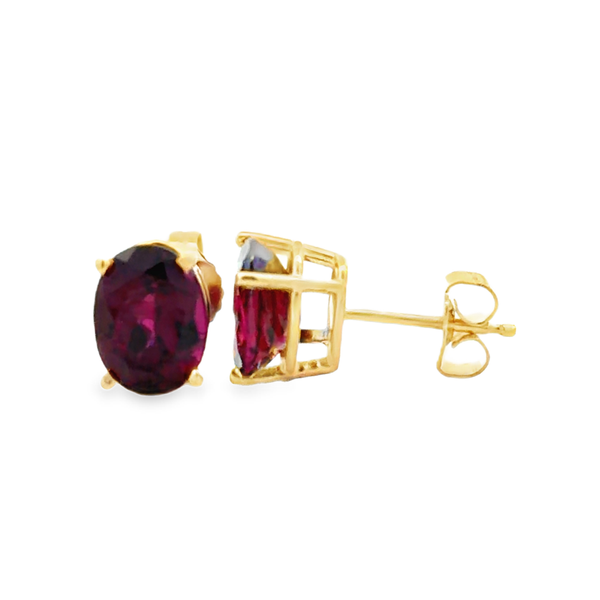14K Yellow Gold Oval Rhodolite Garnet Stud Earrings 8 x 6mm Four Prong Settings Classic Creations In Diamonds & Gold Venice, FL