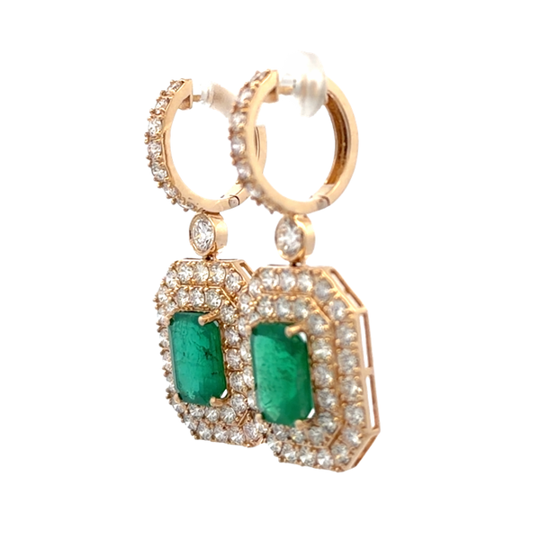 14K Yellow Gold Emerald Cut Emerald and Diamond Double Halo Dangle Earrings 11.06 CTW Image 2 Classic Creations In Diamonds & Gold Venice, FL