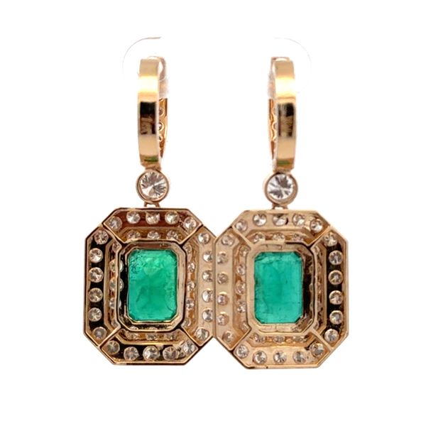14K Yellow Gold Emerald Cut Emerald and Diamond Double Halo Dangle Earrings 11.06 CTW Image 3 Classic Creations In Diamonds & Gold Venice, FL