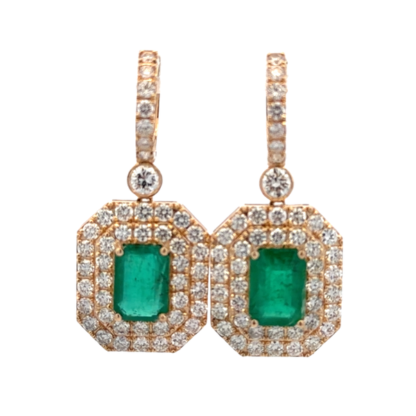 14K Yellow Gold Emerald Cut Emerald and Diamond Double Halo Dangle Earrings 11.06 CTW Classic Creations In Diamonds & Gold Venice, FL