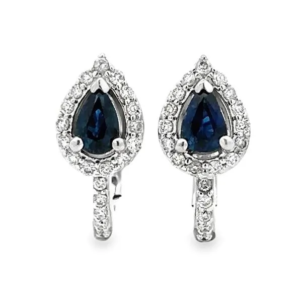 18K White Gold Pear  Shaped Sapphire & Diamond Filigree Huggie Earrings Classic Creations In Diamonds & Gold Venice, FL