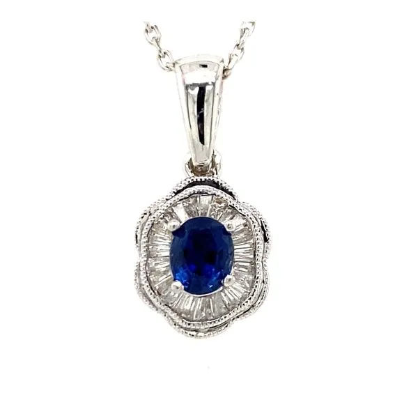 14K White Oval Sapphire And Baguette Diamond Channel Set Halo Pendant Classic Creations In Diamonds & Gold Venice, FL
