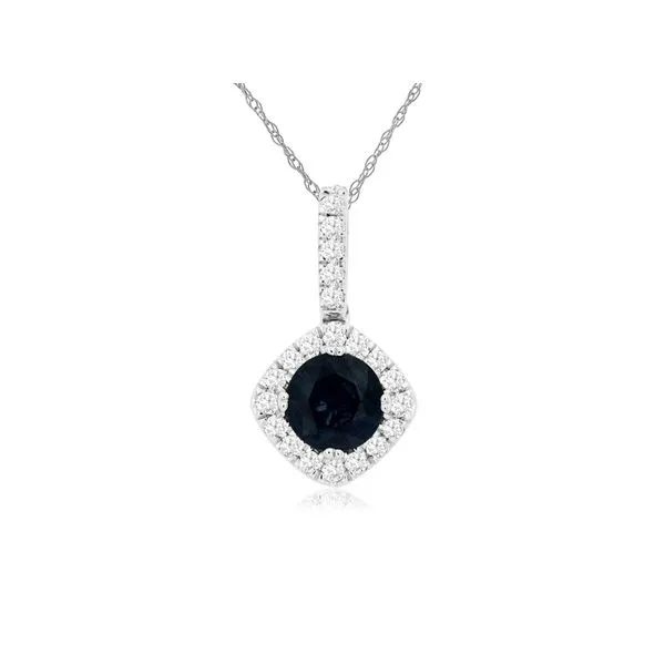 14K White Gold Round Diamond Cut Sapphire & Diamond Halo Pendant On French Rope Necklace Classic Creations In Diamonds & Gold Venice, FL