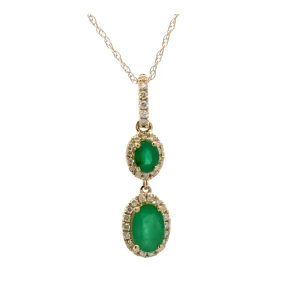 14K Yellow Gold Double Emerald And Diamond Halo Dangling Pendant On French Rope Chain Necklace Classic Creations In Diamonds & Gold Venice, FL