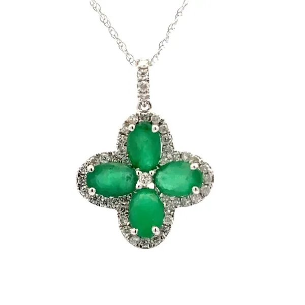 14K White Gold Oval Emerald And Diamond Halo Clover Pendant  On French Rope Chain Classic Creations In Diamonds & Gold Venice, FL