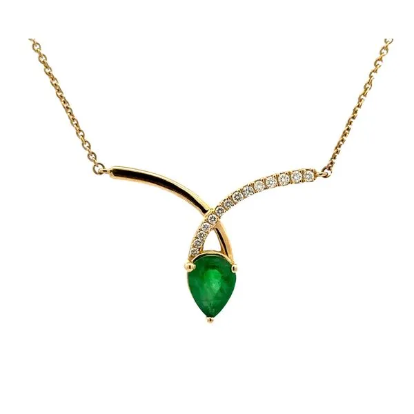 14K Yellow Gold Pear Shaped Colombian Emerald And Pavè Diamond Polished Bar Crossover On Cable Chain Necklace Classic Creations In Diamonds & Gold Venice, FL