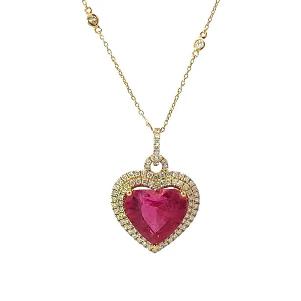 18K Yellow Gold Heart Shaped Bubble Gum Pink Tourmaline Double Diamond Halo Pendant On 18 Inch Adjustable Length Bezel Set Diamond Station Necklace Classic Creations In Diamonds & Gold Venice, FL