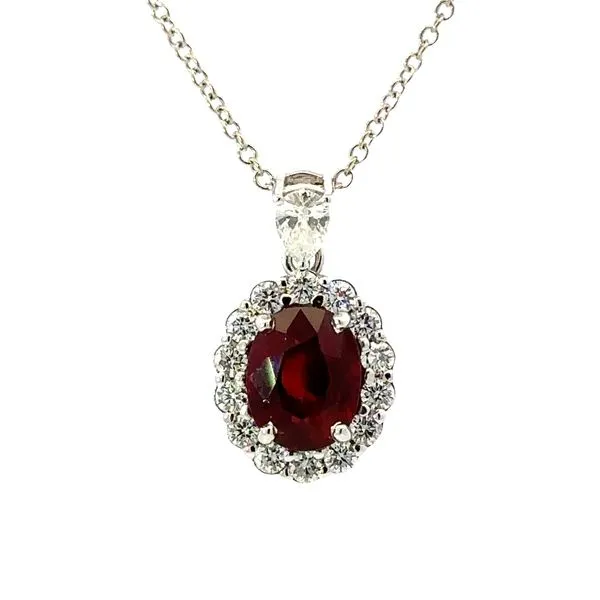 18K White GEM Quality Oval Faceted Ruby And Diamond Halo Pendant On Cable Chain Necklace Classic Creations In Diamonds & Gold Venice, FL