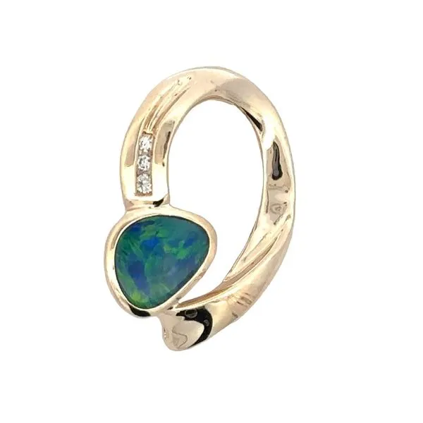 14K Yellow Gold Unique Shaped Boulder Opal And Channel Set Round Brilliant Cut Diamond Accent Slide Pendant Classic Creations In Diamonds & Gold Venice, FL