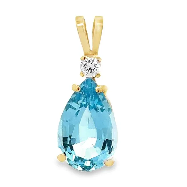 14K Yellow Gold Pear Shaped Swiss Blue Topaz Basket Setting And Diamond Pendant Classic Creations In Diamonds & Gold Venice, FL