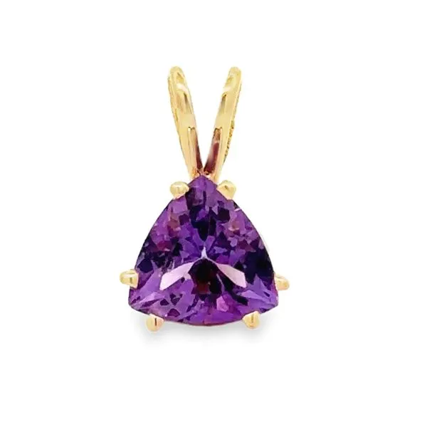 14K Yellow Gold Trillian Cut Amethyst Solitaire In Basket Setting Pendant Classic Creations In Diamonds & Gold Venice, FL