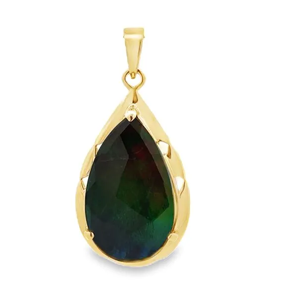 14K Yellow Gold Checkerboard Cut Pear Shaped Ammolite Pendant Classic Creations In Diamonds & Gold Venice, FL