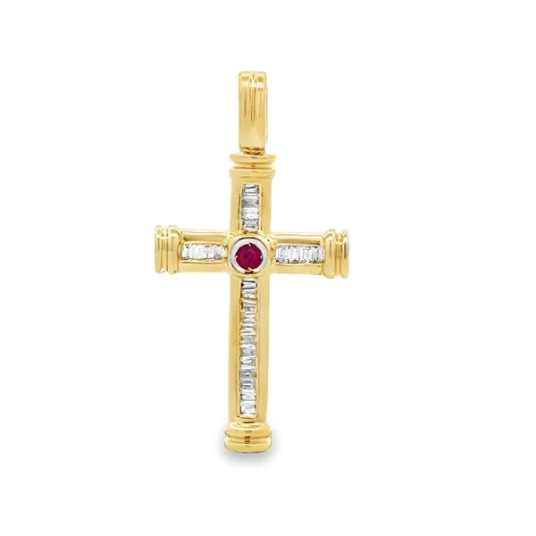 18K Yellow Gold Ruby And Channel Set Baguette Diamond Cross Pendant Classic Creations In Diamonds & Gold Venice, FL