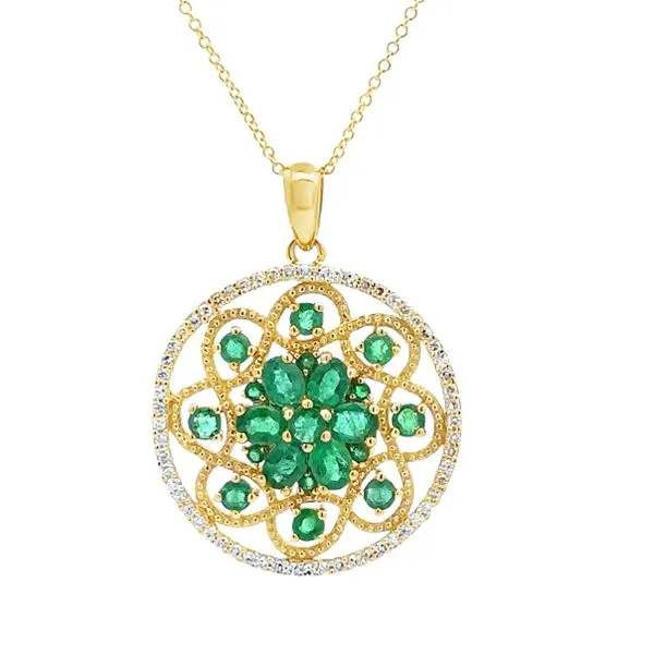 14K Yellow Gold Effy Emerald And Diamond Cluster Circle Pendant With Cable Chain Necklace Classic Creations In Diamonds & Gold Venice, FL