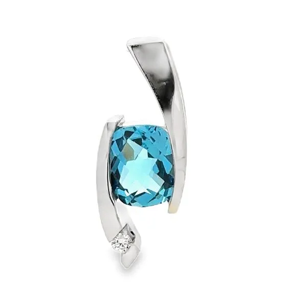 14K White Gold Checkerboard Cut Swiss Blue Topaz Cushion And Diamond Vertical Bypass Pendant Classic Creations In Diamonds & Gold Venice, FL