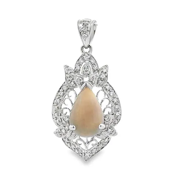 14K Yellow Pear Shaped Gold Australian Opal And Diamond Filigree Pendant Classic Creations In Diamonds & Gold Venice, FL
