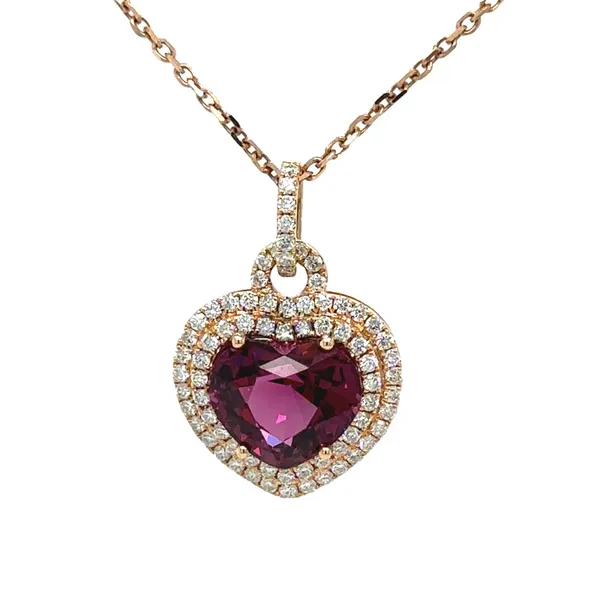 18K Rose Gold 4.0ct. Heart Shaped Rhodolite Garnet And Double Diamond Halo Pendant Cable Chain Necklace Classic Creations In Diamonds & Gold Venice, FL